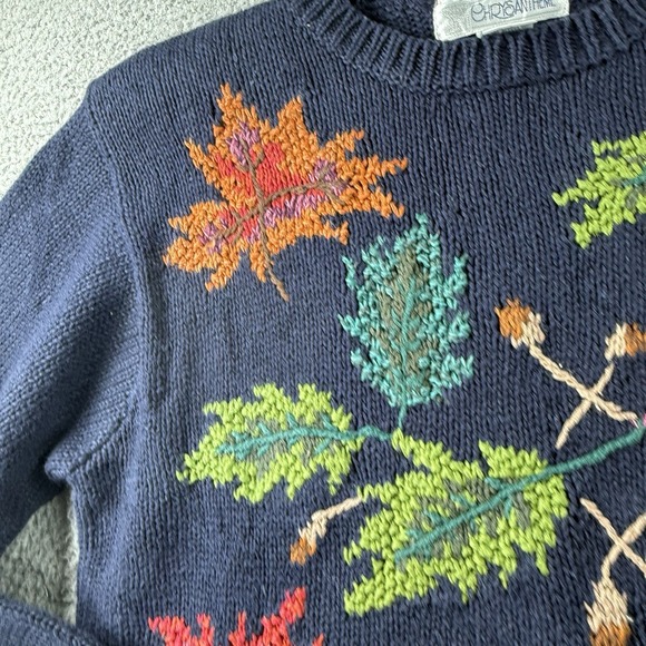 Hand Knit Sweater Womens L Navy Blue Floral Heavy Pullover Heavy Grandma Boho - Picture 5 of 11